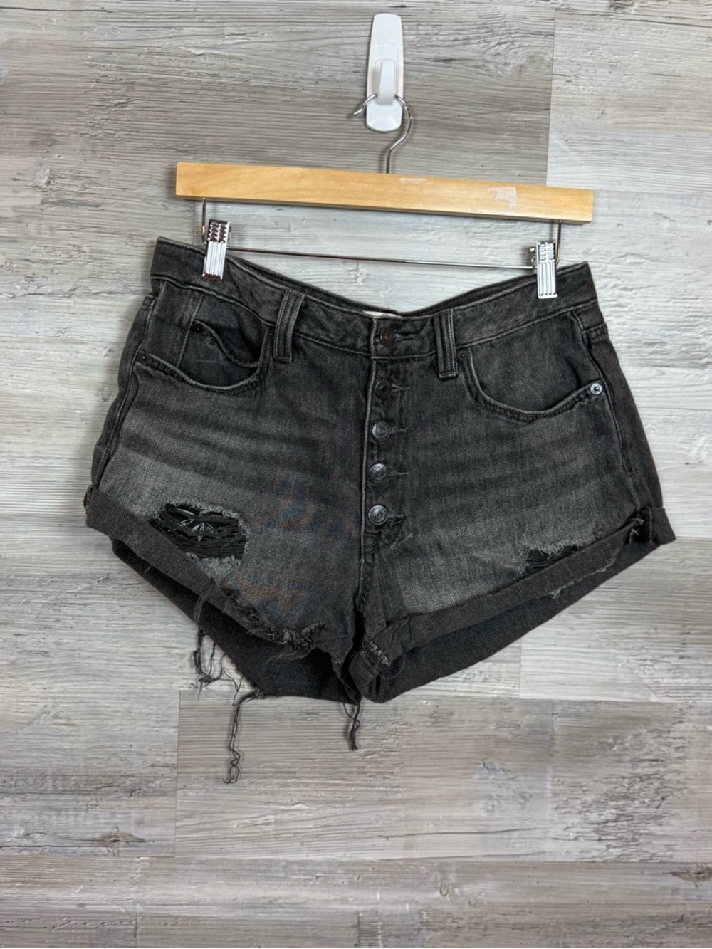 Free People We The Free Distressed Button Fly Shorts - Black Acid Wash - Size 30